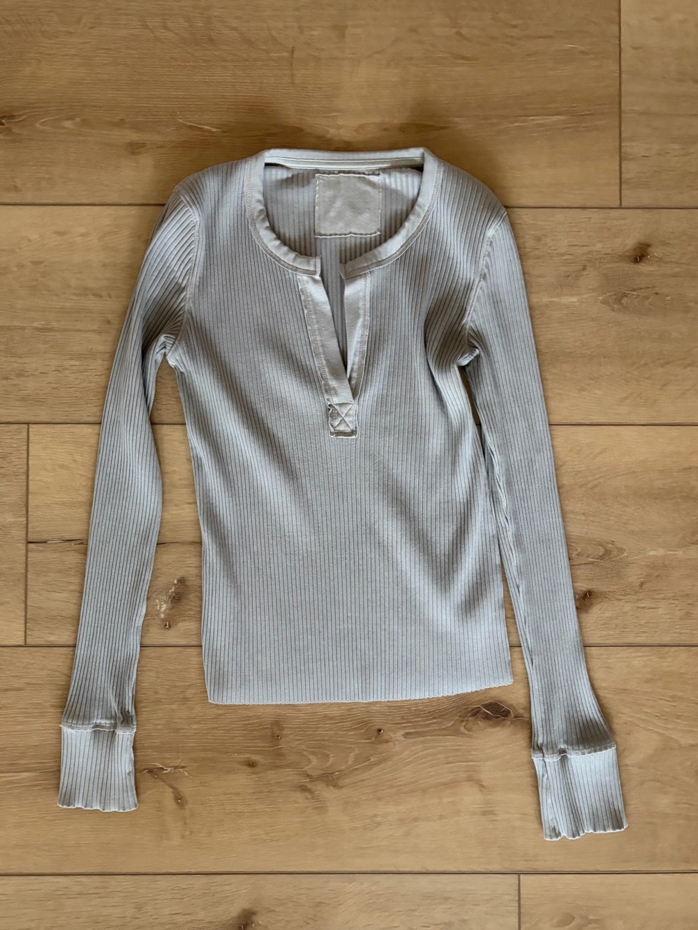 Aerie Ribbed Long-Sleeve Henley Top in Light Taupe